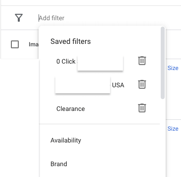 Saveable product filters in Google Merchant Center.
